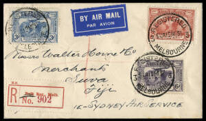 1931 (Mar.19) Kingsford Smith set of 3 on a cover, unusually registered and flown, Melbourne - Sydney - Fiji. With 3 backstamps.