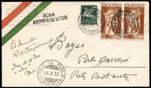 18 Feb.1932 (AAMC.251) England - Italy cover, carried by Hamilton & Coupland on the first leg of their attempted flight to Australia. They crashed at Puglia, Italy, where the flight was abandoned and only 8 covers were recovered from the crash site. This 