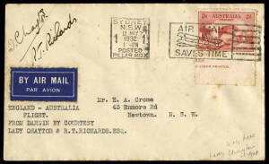 May 1932 (AAMC.252a) Darwin - Sydney cover, flown & signed by R.T. Richards and Lady I. Chaytor at the conclusion of their flight from England in a DH60GT "Miss Beefex". [Lady Chaytor was to have flown to Australia with Richards, however she became ill in