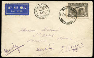 THE FIRST FLIGHT FROM AUSTRALIA TO NEW CALEDONIA: 5 April 1932 (AAMC.254) Brisbane - Noumea cover, flown & signed by French aviators, Baron de Verneilh, M.E. Deve and E. Munch in their Couzinet 33 "Bairritz". They crashed on arrival near Noumea. [8 flown]
