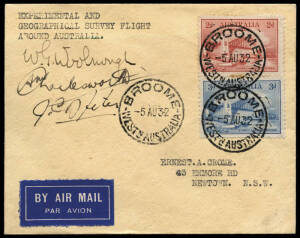 July-Aug.1932 (AAMC.271a) Dr.W.G.Woolnough Round Australia Geological Survey Flight cover to NSW cancelled at BROOME 5.AU.32, signed by pilots Charlesworth and Miles and expedition leader Woolnough. [2 or 3 flown].