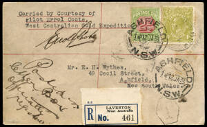 Oct.1932-Jan.1933 (AAMC.292) Lasseter's Reef Expedition registered cover flown and signed by the pilot, Errol Coote on the "West Centralian Gold Expedition" aircraft. [One of 6 covers posted at Laverton, W.A.]