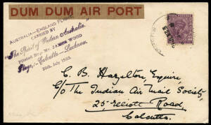 20 July 1933 (AAMC.317) Calcutta - Lucknow flown cover, carried by James Wood in "The Spirit of West Australia" whilst on his Perth to England flight; with violet 6-line cachet tieing Dum Dum Air Port label. The onward flight was delayed by the collapse o