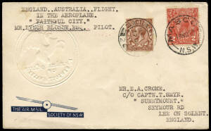 9 Oct.1933 (AAMC.334) England - Australia cover flown by Lord Apsley & his party in a Spartan Cruiser "Faithful City", piloted by P.W.Lynch-Blosse & signed by him on reverse. (10 flown). Accompanied by (AAMC.343) Australia - England cover carried by Lynch