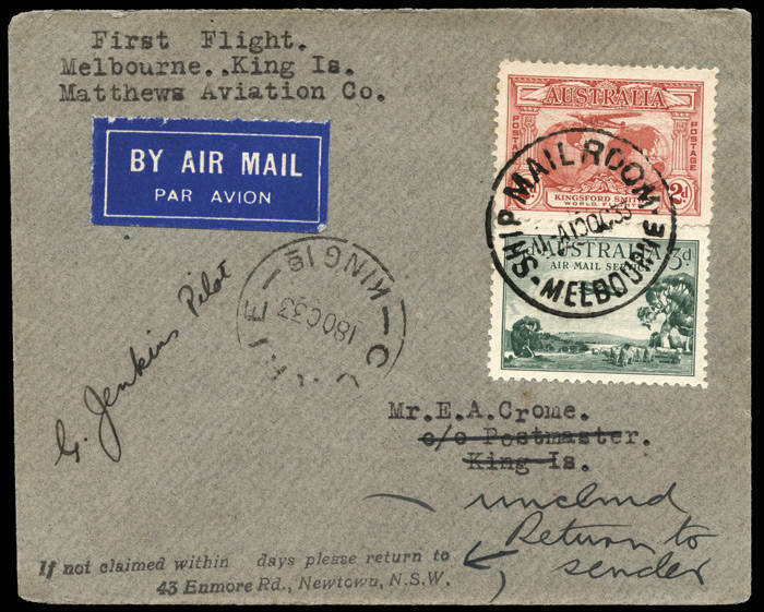 13-14 Oct.1933 (AAMC.338 & 339) Melbourne - King Island & return, first flight covers carried by Matthews Aviation and signed by the pilots, Jenkins & Chapman respectively. [30 & 40 flown].