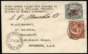 12 Apr.1934 (AAMC.373) Port Moresby - Townsville cover, flown & signed by Sidney Marshall in a Westland Widgeon on a flight delayed some 2 weeks due to engine problems. This was the first land-plane solo flight from Papua to Australia. [40 flown envelopes