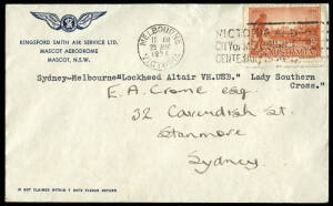 RECORD FLIGHT BY CHARLES KINGSFORD SMITH: 23 Aug.1934 (AAMC.398) cover flown Sydney - Melbourne (postmarked on arrival) in the record time of 2 hours, 11 minutes, by Kingsford Smith & P.G.Taylor in the Lockheed Altair "Lady Southern Cross" [VH-USB]. A ver