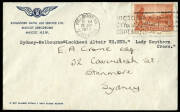 RECORD FLIGHT BY CHARLES KINGSFORD SMITH: 23 Aug.1934 (AAMC.398) cover flown Sydney - Melbourne (postmarked on arrival) in the record time of 2 hours, 11 minutes, by Kingsford Smith & P.G.Taylor in the Lockheed Altair "Lady Southern Cross" [VH-USB]. A ver