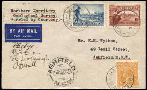 Sept.-Oct.1934 (AAMC.419) Woolnough Geological Survey cover, posted at Halls Creek and signed by Woolnough and crew including pilot, O.B. Hall. A little-known flight by the "Southern Cross". [32 flown].