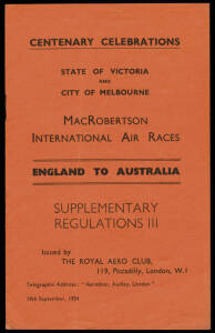 MacRobertson Air Race group: comprising 19th Sept.1934 pamphlet "England to Australia - Supplementary Regulations III" printed by Harrison & Sons; Roscoe Turner flown & signed cover; Roscoe Turner publicity card; Hansen flown & signed cover; Uiver flown c