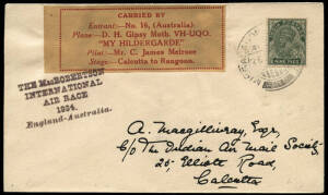 20 Oct.1934 (AAMC.436a, 444) MacRobertson Air Race cover flown by James Melrose from Calcutta to Rangoon [32 flown] with special red/yellow vignette tied by 5-line cachet. Also a cover flown from Holland to Australia by the KLM entry "Uiver".