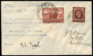 20 Oct.1934 (AAMC.437) MacRobertson Air Race cover, flown by H.L. Brook & Miss E. Lay and signed by the former. The cover postmarked at MELBOURN, England also postmarked at MELBOURNE on arrival.