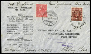 20 Oct.1934 (AAMC.438,438a) MacRobertson Air Race covers, flown England - Australia & England - Australia - New Zealand by Hewitt, Kay & Stewart. Both signed by Kay.