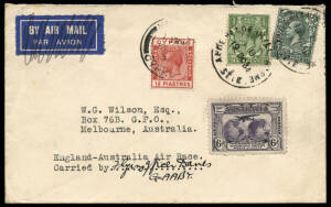 Oct.1934 (AAMC.439) MacRobertson Air Race cover to Australia, carried by Davies & Hill; signed by Davies. With Cyprus adhesive affixed & tied during the delay there; Melbourne arrival cds on reverse. [50 flown]