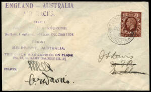 20 Oct.1934 (AAMC.439a) MacRobertson Air Race England - Australia: cover flown England - Cyprus in a Fairey 111F, G-AABY by C.G.Davies & C.N.Hill & signed by them. Cyprus 1½pi on reverse tied by Nicosia cds. [53 flown].