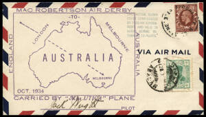 20 Oct.1934 (AAMC.451a) MacRobertson Air Race cover, flown as far as Abadan, Persia; carried by Wright & Polando and signed by the former. [179 flown].