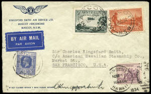 CHARLES KINGSFORD SMITH & P.G. TAYLOR CROSS THE PACIFIC FROM WEST TO EAST21 Oct.1934 (AAMC.455) Trans-Pacific flight cover from Brisbane to San Francisco via Fiji & Honolulu, flown by Sir Charles Kingsford Smith with P.G.Taylor as co-pilot, in a Lockheed 