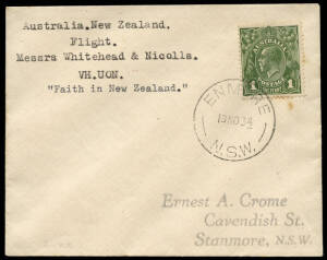 22 Nov.1934 (AAMC.463) Australia - New Zealand cover, flown by Whitehead & Nicholl in a DH80A Puss Moth "Faith in New Zealand". This was the 15th crossing of the Tasman by air. (12 carried).