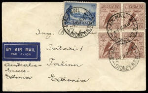 DESTINATIONS: 13 Mar.1935 Sydney - TALINN, ESTONIA flown cover, rated 2/3 and endorsed "Australia - Greece - Estonia"; 19 May 1935 Melbourne - MILAN, ITALY flown cover, rated 1/9; 16 June 1936 Sydney - Holland cover, flown via France and rated 2/1; also, 