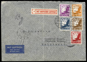 INWARDS AIRMAILS: 9 May 1935 commercial cover flown from Koln, GERMANY to Melbourne; rated 1.75mk and with "MIT DEAUTSCHER LUFTPOST" vignette; a 29 July 1935 cover from SHANGHAI to SYDNEY, rated 74c and endorsed "By AIRMAIL from SINGAPORE to Australia". A