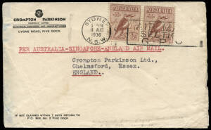 Aug. & Sept. 1936 (AAMC.623 & 631) "Scipio" & "Boadicea" crash covers; the former from Sydney to England with large "DAMAGED BY SEA WATER" cachet on reverse; the latter from London to Sydney, accompanied by a printed note from the "Returned Letter Section