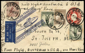 17 Apr.1937 (AAMC.727) 2d KGV Envelope uprated to 4/8 (including 2/- Brown 3rd wmk Kangaroo!!) sent from PERTH to join the first flight to the USA via the Phillipines, Macao and Hong Kong.