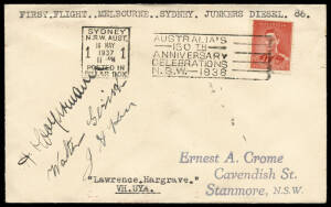 15 May 1937 (AAMC.730a) Melbourne - Sydney cover, flown aboard the Junkers 86 "Lawrence Hargrave" and signed by the crew members, Wolfermann, Gerish & Kerr. [12 flown].