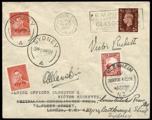 15 Mar.1938 (AAMC.801) England - Australia - New Zealand, cover flown & signed by Clouston & Ricketts in their DH88 Comet "Australian Anniversary". [14 flown].