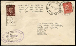 18 Apr.1938 (AAMC.804) Australia - England cover, carried by Jim Broadbent on his record solo flight in a Percival Vega Gull "Sirius". [40 flown].