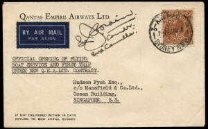 4 Aug.1938 (AAMC.822c) Australia - Singapore cover carried on the first Qantas flying boat service, en route for England. This is an example of the small number of covers carried only as far as Qantas flew, via Darwin. Signed by the pilot, Lester Brain an