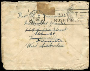 18 Jan.1939 (AAMC.843) Darwin - Adelaide, 'Koranga' crash cover, addressed to Fremantle, W.A. Crashed at Katherine River NT, killing all on board. With a duplicated explanatory label affixed, which was applied to recovered mail delivered in WA.