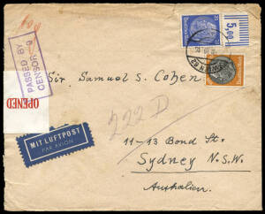 25 Aug.1939 airmail cover from Vienna, AUSTRIA to Sydney; opened and censored as the mail was in transit at the outbreak of World War Two, on 1st September. The recipient, Sir Samuel Cohen, who had been knighted in 1937 for his extensive community involve