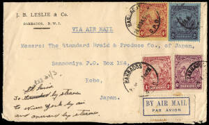 1934 (Apr.28) airmail cover franked 2/11 from Barbados to Japan endorsed in pen "to St Lucia by steamer, to New York by air and onward by steamer". Attractive and unusual destination. Backstamped St Lucia.