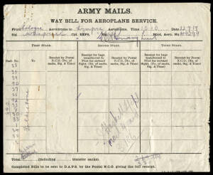 1919 (Mar.1) Way Bill for 15 sacks of mail flown by the R.A.F. postal service from A.P.O.S40 at Cologne to Lympne Aerodrome, Folkstone, signed by the pilot, Lieut. Ramsay and by the mail guard, L/Cpl. Haskell at A.P.O. S106. The service commenced on this 