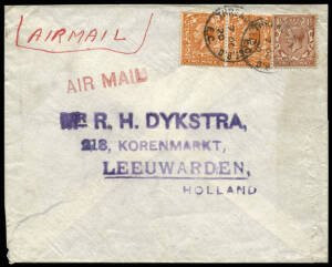 7 Oct. 1920 early commercial flight cover London - Amsterdam, franked 5d with annotated and h/stamp "AIR MAIL", plus Leeuwarden "10.10.1920' b/stamp. Opening faults, otherwise fine and attractive.