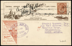 1925 (Nov. 16) Cobham Survey Flight, London to Capetown (AAMC 12): Imperial Airways Survey Flight printed postcard with London-Capetown Special Mail imperforate label tied by Nov.16, 1925 purple oval datestamp, signed & endorsed "Alan J. Cobham", to Johan