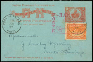 1927-28 (Muller.9a,11,12 & 15) West Indian Aerial Express Co. group on annotated pages with 18 Jul.1927 Port au Prince, Haiti - Santo Domingo, Dominican Rep. flown postal card; 13 Dec.1927 Port au Prince - San Domingo and San Juan flown covers, both signe