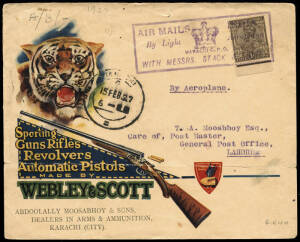 1920-35 group of 1st flights and commercial covers. Incl. 15 Feb.1920 Karachi - Bombay flown cover; 15 Feb.1927 Karachi - Lahore flight by "MESSRS STACK & LEETE", advertising cover for Webley & Scott guns (faults), Imperial Airways first flights and 27 Oc