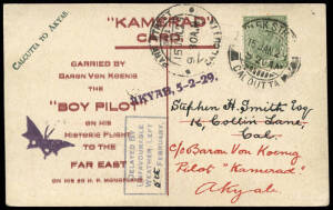 1929 (Jan-Feb) World Flight by Baron Von Koenig - "Kamarad" souvenir postcard (Map) used on the Calcutta to Akyab stage, franked ½a, tied by Park Street cds of Jan.15, boxed "Delayed by Unfavourable Weather left 5th February" cachet in green alongside, si