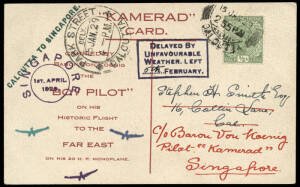 1929 (Jan-Feb) World Flight by Baron Von Koenig - "Kamarad" souvenir postcard (Map) used on the Calcutta to Singapore stage, franked ½a, tied by Park Street cds of Jan.15, boxed "Delayed by Unfavourable Weather left 5th February" cachet in violet alongsid