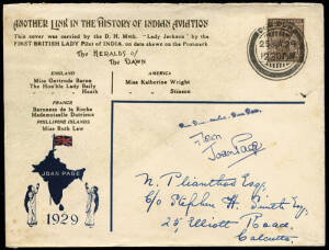 June 1929 Joan Page special illustrated Dum Dum - Calcutta flight cover to Stephen H. Smith in Calcutta, franked K.G.V 1a. with Dum Dum 1929 (June 25) datestamp, front with blue "Flown Joan Page" cachet (also on reverse).