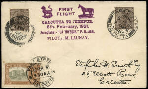 6 Feb.1931 (Muller.90) Calcutta - Jodhpur Air Orient flown cover, with an attractive violet cachet showing a cat & a horse. Flown by M. Launay in his aeroplane "La Yoyeuse" P.H.-AEN [35 flown]. Addressed to Stephen Smith, fine and scarce.