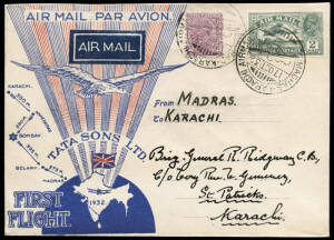 17 Oct.1932 illustrated cover (type I featuring the Union Jack) by Tata Sons Ltd. for first flight Madras - Karachi (b/s), franked KGV 3a & 3p tied by special cancels in use at Madras for one day only. Rare, only four type I covers recorded this flight.