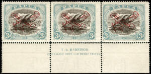 1930 (SG.115) Harrison Printing 3d AIR MAIL & Aeroplane overprint, Harrison Imprint strip; the central unit with minor gum tone but UNIQUE; exhibited together with an Ash Imprint strip of SG.118. Only 2 sheets of the Harrison printing are reported to have