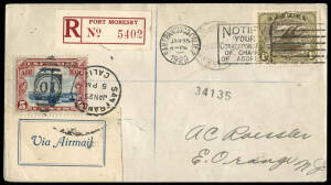 21 Nov.1928 (AAMC.P1a) Papua - United States registered cover bearing 1/- Lakatoi tied by Port Moresby and (later) San Francisco (25 Jan.1929) datestamps; another San Francisco cds of the same date tieing a 5c Beacon to pay for the airmail postage for del