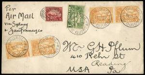 30 Apr.1927 (AAMC.P1b) New Guinea - United States cover bearing 3d Huts pictorials tied by RABAUL datestamps; a US 24c Airmail tied by READING, Pa. double ring oval paying the internal airmail fee from San Francisco (b/s June 9); Philadelphia (11 June) ba