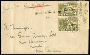 28 June 1928 (AAMC.P12a) Edie Creek - Wau - Lae cover, flown and signed by pilot Alan Cross for Guinea Airways in a Junkers J-34. Two 4d Huts with typed "BY AIR" overprints tied by EDIE CREEK cds's and scarce "GUINEA AIRWAYS LTD/WAU" 2-line cachet. [One o