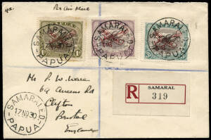 17 Nov., 8 Dec. & 16 Dec.1930 covers from Samarai (2, incl. one reg'd) and Port Moresby (reg'd) all addressed to England or Scotland. The route followed was by sea to Cairns or Brisbane to connect with the new Adelaide - Perth air service. From Perth the 