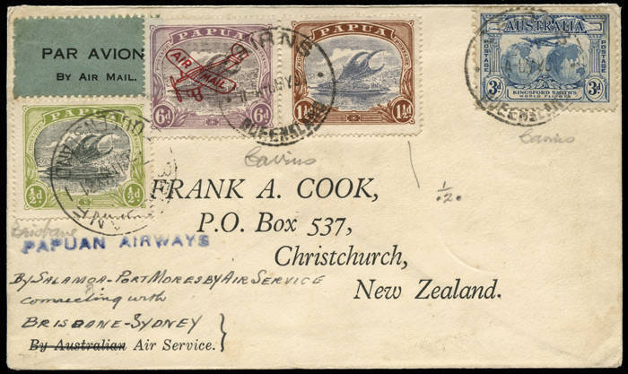 1 May 1931 (AAMC.P30) Salamaua - Port Moresby cover, flown by Lionel Shoppee for Papuan Airways. [12 flown]. The small mail connected at Port Moresby with the mailboat to Cairns (8 May cds); from Brisbane they were flown by ANA to Sydney (11 May) and then