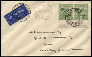 Airmail covers from KAVIENG: Aug.1931 Kavieng - Wau cover bearing 1d Dated Bird Air imprint pair cancelled by the double-circle "POST OFFICE - KAVIENG" undated postmark [Powell 41] with WAU arrival cds of 16 AUG 31; also, an example of the 43mm "POST OFFI